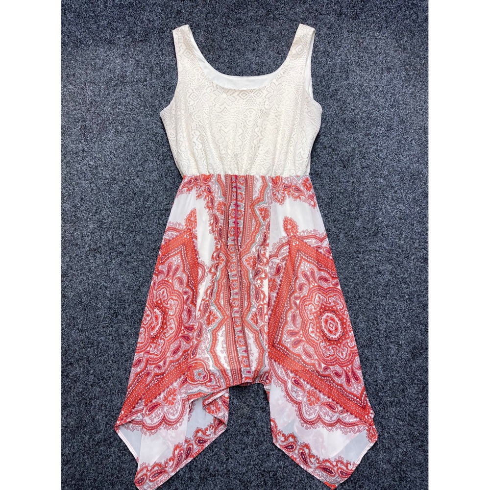 CATO Women Large Lace Bodice Paisley Handkerchief Hem Sleeveless Dress Orange